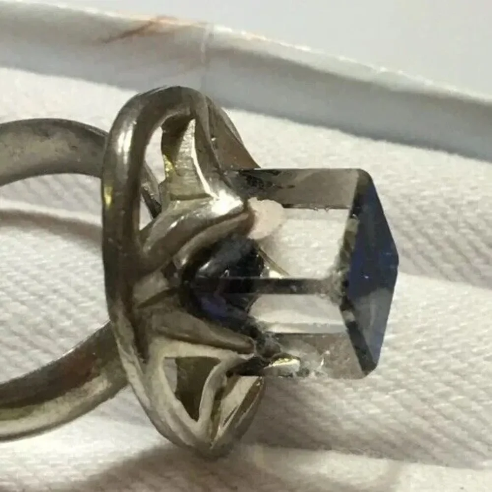 Vintage Silver Tone Blue Coated Glass Cube Ring Adjustable Band Size 7.25